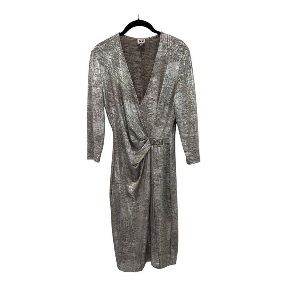 Anne Klein Dress 6 Mingled Silver Metallic Faux Wrap Ruched Rhinestone Buckle